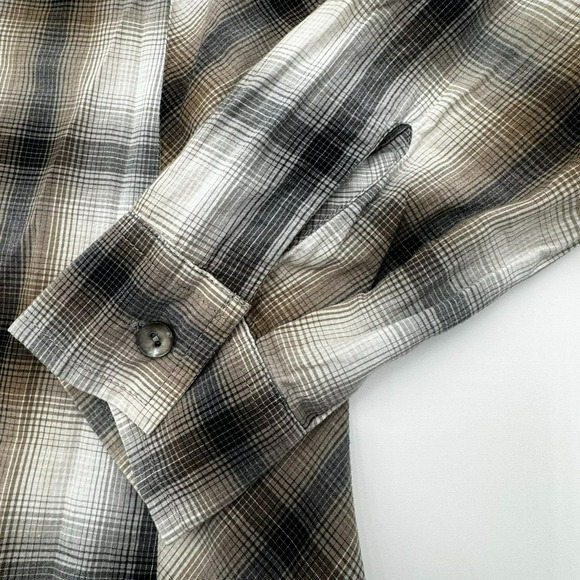 J. Jill Women's Small Tan Brown Plaid Button Up Shirt Blouse V neck Long Sleeves - Picture 7 of 10